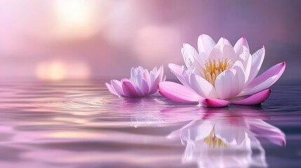 Lotus flowers rest gracefully, reflecting softly, conveying peace, tranquility, and spiritual wellbeing.
