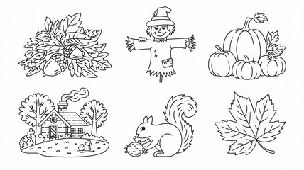 Outlined autumnal illustrations featuring foliage, a scarecrow, pumpkins, and a squirrel.