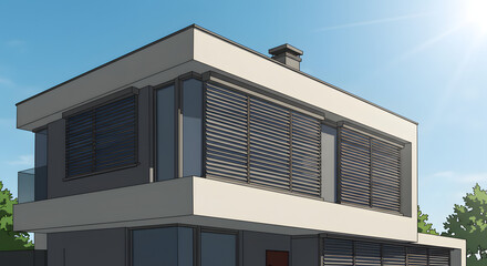 Modern House Architectural Illustration: Sunlit Minimalist Design