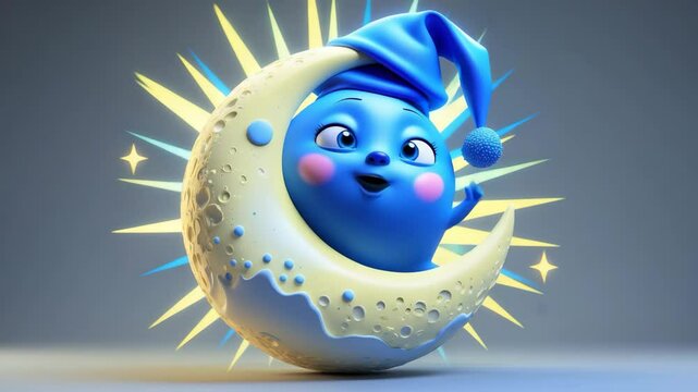Cute animated moon with nightcap accessory in cartoon style