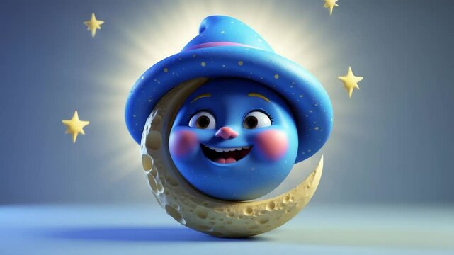 Nightcap-clad cartoon moon in animated scene