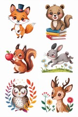 Fototapeta premium Cute woodland animal illustrations in a whimsical children's design.