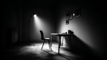 Minimalist home office design with a blank grey wall, a desk, chair, and lamp, illuminated by studio lighting. Simple, clean, and modern space, perfect for work, study, or content creation.