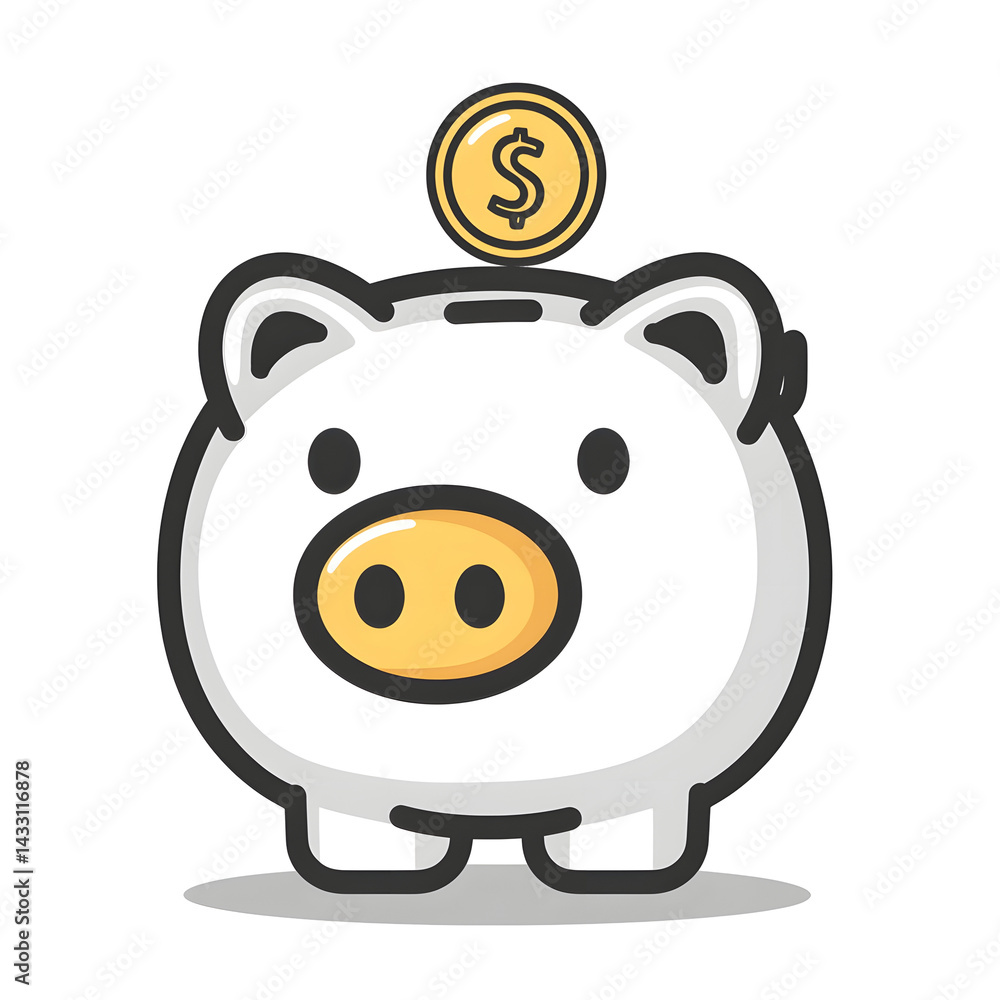 Poster a simple vector style of a white piggy bank with a gold coin balanced atop against a plain backgroun