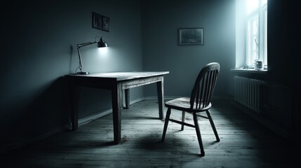 Minimalist home office design with a blank grey wall, a desk, chair, and lamp, illuminated by studio lighting. Simple, clean, and modern space, perfect for work, study, or content creation.