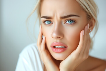 Young woman suffering from toothache touching her swollen cheek. Health care, tooth disease concept