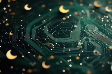 Celestial Circuit Board with Stars and Moons - Tech Meets Fantasy.