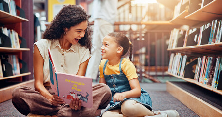 Child, excited or teacher reading book for learning, development or help in school. Teaching, happy...