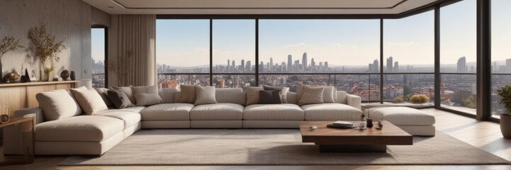 Spacious living room with balcony access, panoramic city view, plush sofa,  view,  elegant,  upscale