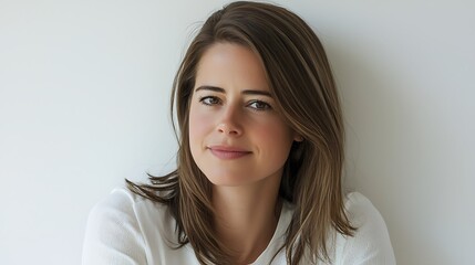 Naklejka premium Woman with brown hair and a white shirt is smiling
