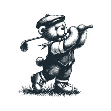 Teddy bear playing golf &ndash; Black and White Icon Vector and Illustration