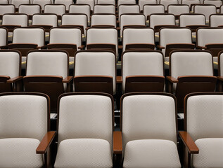 Fototapeta premium rows of seats with dark brown armrests in an auditorium.