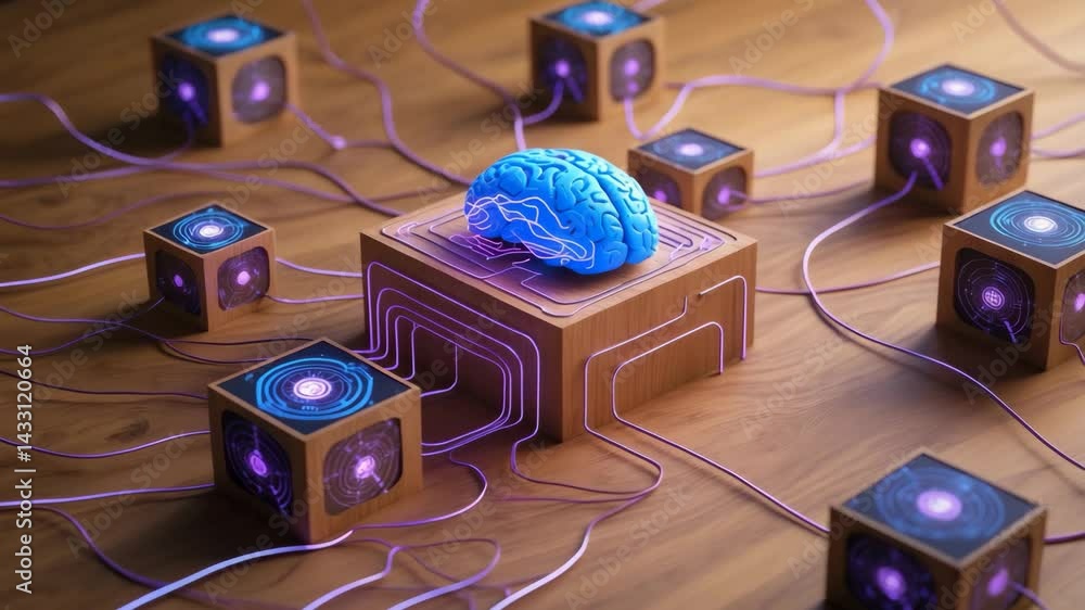 Poster concept of artificial intelligence and machine learning illustrated with wooden cubes representing t