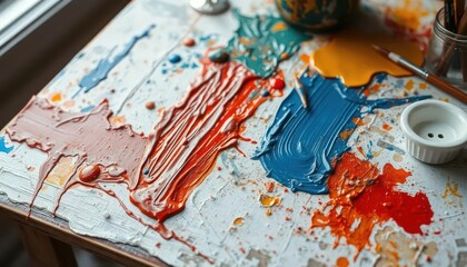 Artist's table with vibrant paint spills