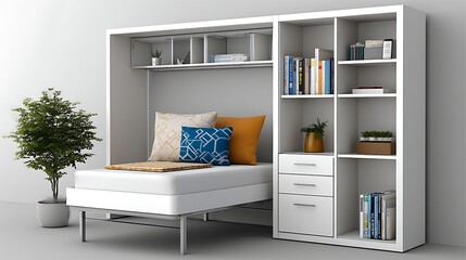 Fototapeta premium Modern White Wall Bed with Integrated Bookshelves and Drawers Space Saving Furniture