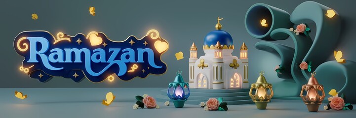 Ramazan Dark Fantasy 3D illustration Scene Featuring Glowing White Mosque with Blue Dome Golden Details Surrounded by Magical Lanterns Butterflies Roses Elegant Ramazan Text Luxurious Fantasy Setting