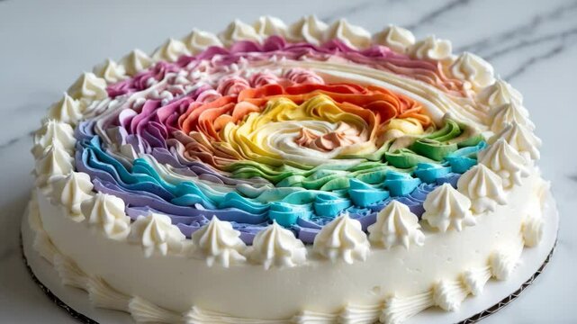 Rainbow-colored mastic decorated birthday cake with white cream frosting
