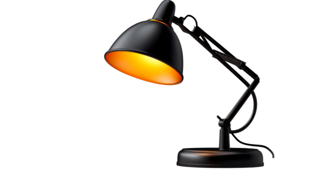 Desk lamp illuminating workspace in soft glow