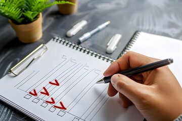 a person reviewing and planning project. The hand with pen completing the checklist on the notepad