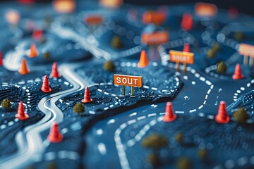 a detailed map with road markings and orange traffic cones