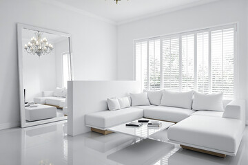 Fototapeta premium modern minimalist white sectional sofa in bright living room
