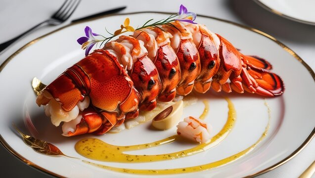 Gourmet lobster dish fine dining restaurant food photography elegant setting close-up view