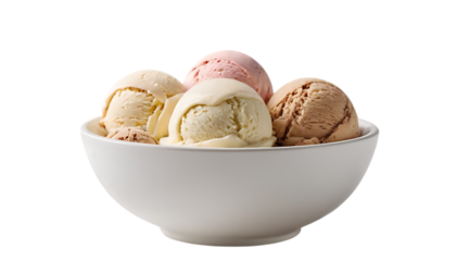 White bowl filled with three scoops of ice cream isolated on transparent background,ice cream, strawberry, vanilla, chocolate, gelato, pink, bowl, dessert, food, fruit, sweet, ball, ice, cream, 54