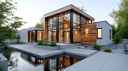 Fototapeta premium Modern Contemporary House Design with Glass Walls Wood Siding and Water Feature