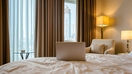 laptop on a bed in a modern hotel room overlooking a city