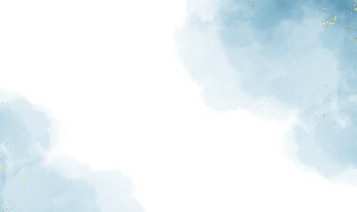 Abstract blue watercolor background draw on white background and gold splashes effect. blue texture design template for birthday invite or card.