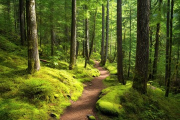 Obraz premium Lush forest path winding through mossy terrain.
