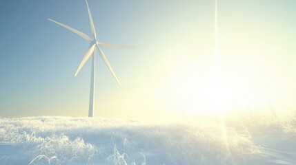 Bright Sunrise Over Wind Turbine in Winter Landscape