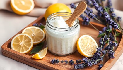 Making homemade lemon lavender body cream kitchen recipe cozy environment close-up natural beauty concept