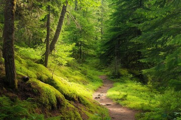 Obraz premium Lush forest path winding through mossy undergrowth.