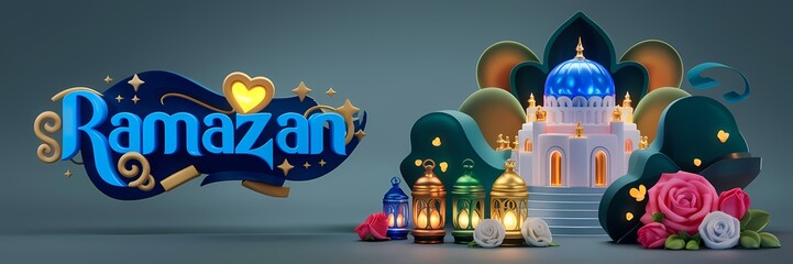 Ramazan Dark Fantasy 3D illustration Scene Featuring Glowing White Mosque with Blue Dome Golden Details Surrounded by Magical Lanterns Butterflies Roses Elegant Ramazan Text Luxurious Fantasy Setting
