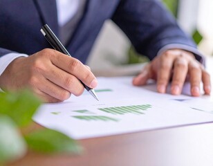 Naklejka premium A focused professional analyzes data on paper while holding a pen, with greenery in the foreground, conveying a productive work environment.