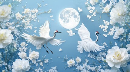 Fototapeta premium Two cranes fly amidst paper flowers, moonlit night, serene scene, wall art