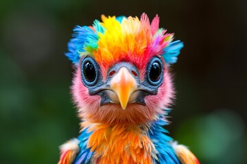 A colorful bird with a bright colored head and a yellow beak