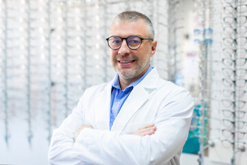 Professional help and advice. Man optician working at optics shop, posing at camera with folded...
