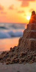 Sandcastle on the beach at sunset. 