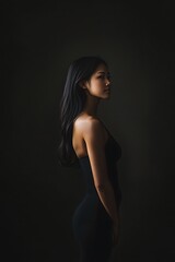 Fototapeta premium Woman in a black dress stands in a dark room