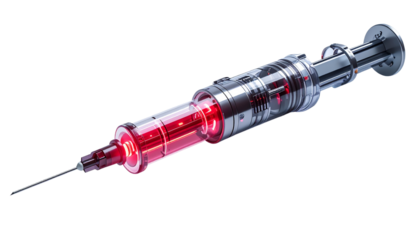 Futuristic Syringe with Glowing Red Interior isolated on solid white background 