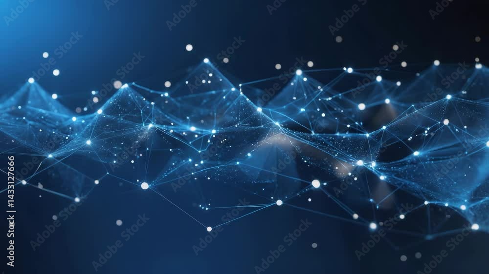 Poster futuristic digital plexus animation featuring abstract blue data networks and molecular connections 