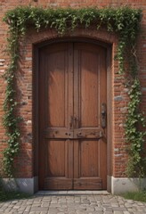 Weathered wood door set in aged red brick, abundant vines , old door, rustic decor