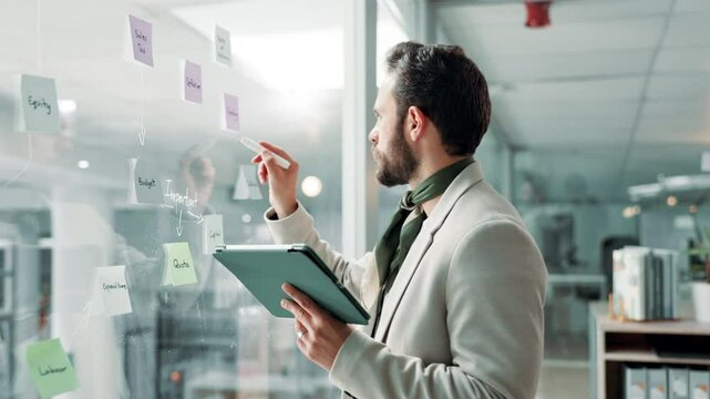 Businessman, writing and schedule planning with tablet on glass board for agenda or project tasks. Man, employee or planner with technology, ideas or sticky notes for mindmap or brainstorming work