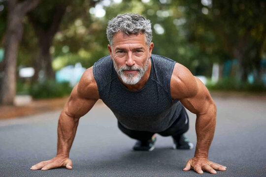 Man performs push-ups in a park, showcasing strength and fitness during morning exercise routine