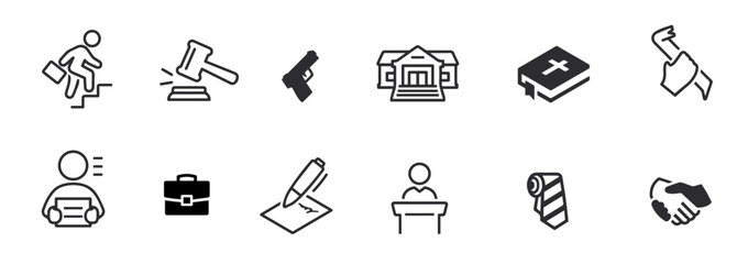 Set of Law and justice line icons vector illustration. Collection icon of legal, arrest, authority, courthouse, gavel, weapon and more.