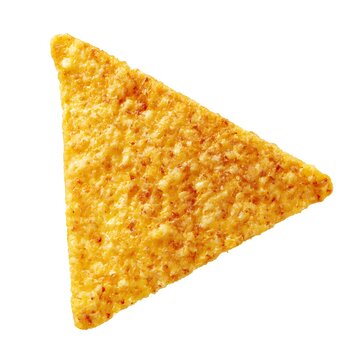 Close up of a single nacho chip, triangle shaped, isolated on white background