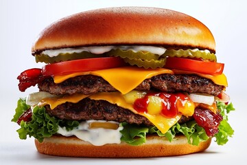 A cheeseburger with lettuce, tomato, onion, pickles, and ketchup on a bun