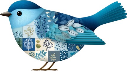 Artistic Blue Bird Illustration Patchwork Design Floral Motif Nature Avian